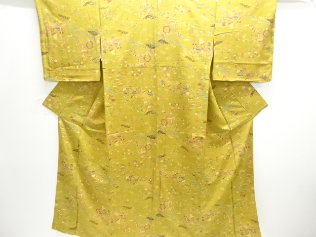 未使用品　屋敷に草花・平安人物模様小紋着物